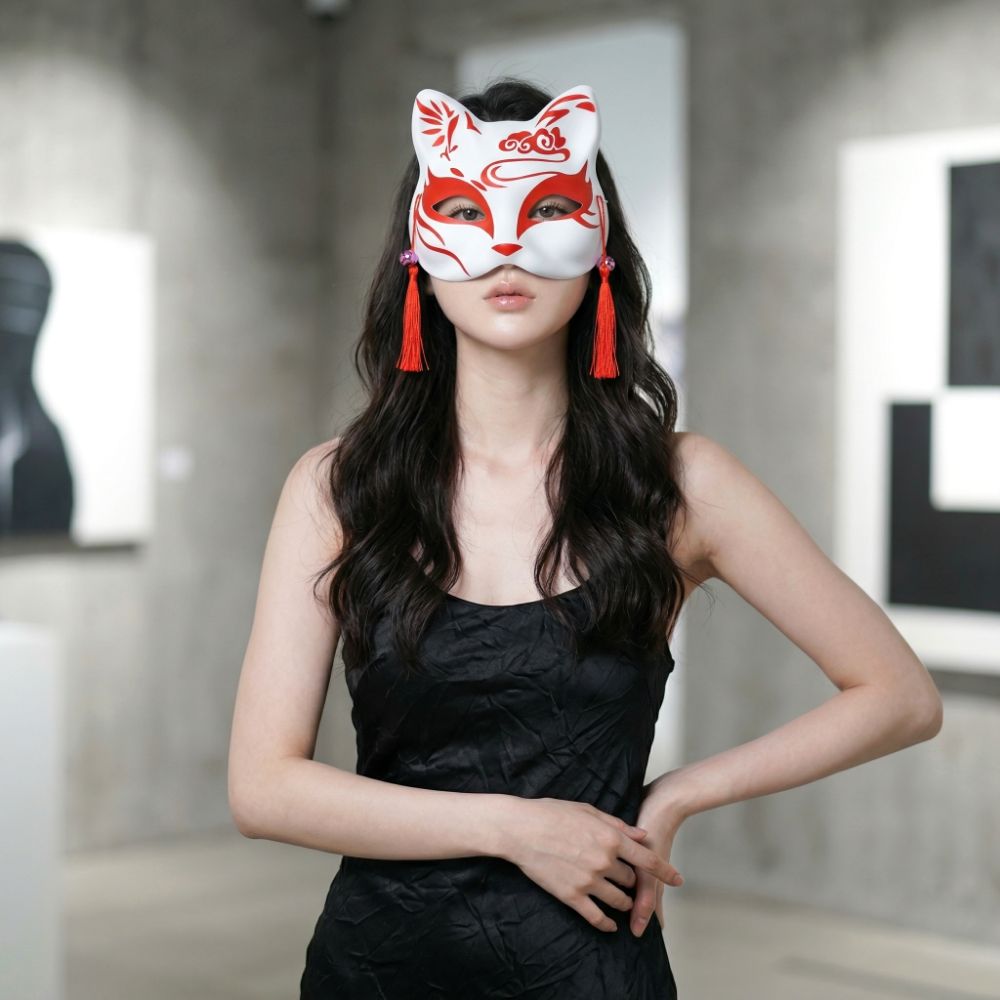 일본 여우 가면 고양이 반가면 방울 할로윈 파티 코스튬 - 상세 이미지 3