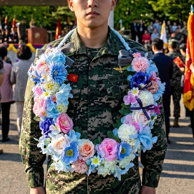 가더GADE 5AM BL 꽃목걸이 해병대 수료식 임관식 취임식 퇴임식 승진 축하화환 조화 졸업 졸업식 꽃다발 블루 - 상품 이미지