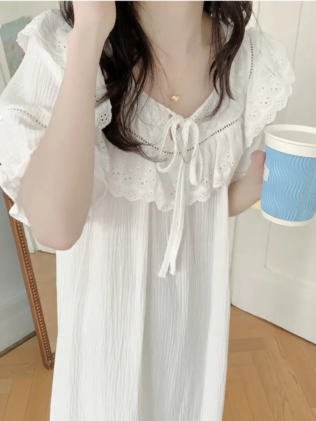 퓨어 화이트 반팔 원피스잠옷 임산부 빅사이즈 홈웨어 파자마 여름 이미지 6