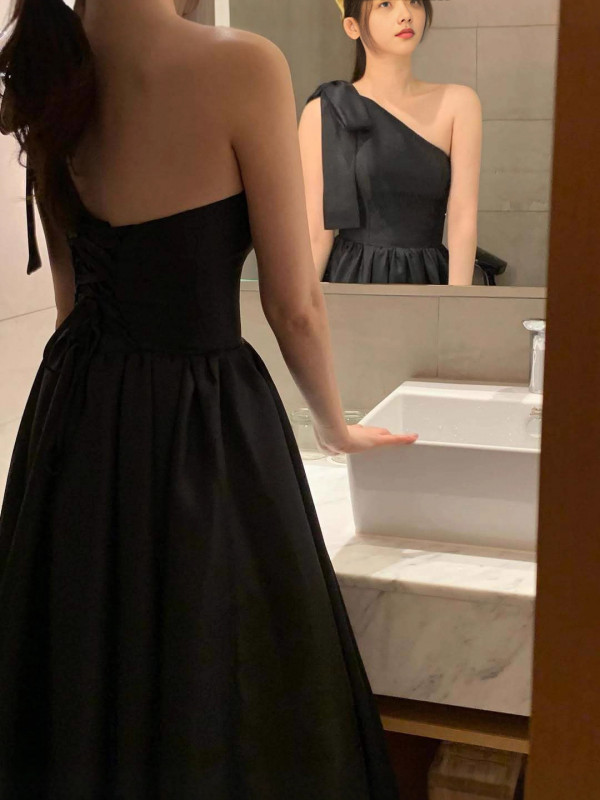 블랙드레스 리본 사선 웨딩촬영 2부 드레스 셀프웨딩 이브닝 스냅촬영 의상 - 상세 이미지 5