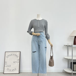 일자핏 컷팅 연청 찢청 데님 청바지(S-XL) 착용 후기 | 사이즈/핏 총정리 - 상품 이미지 3