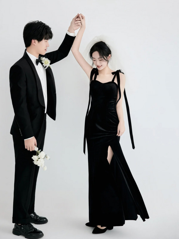 블랙드레스 리본 실크 웨딩촬영 2부 드레스 셀프웨딩 이브닝 스냅촬영 의상 - 상세 이미지 3