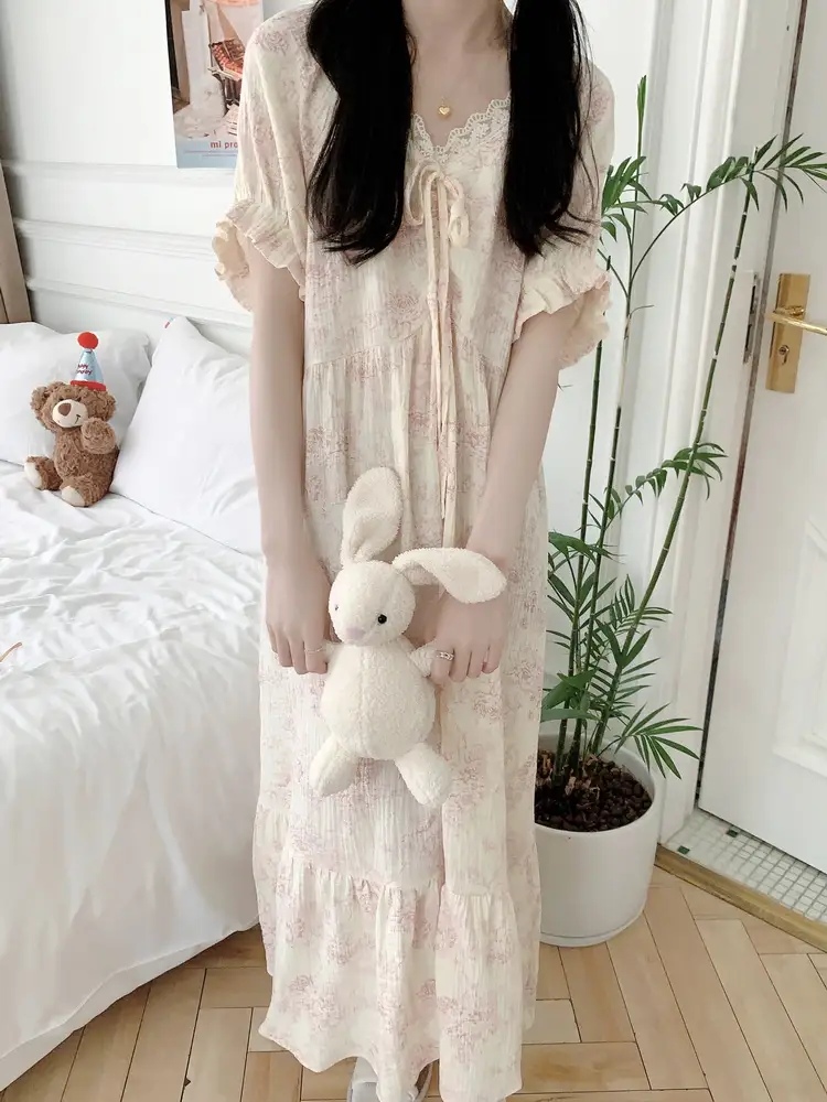 트왈 요루면 반팔 원피스잠옷 임산부 빅사이즈 레이스 홈웨어 파자마 여름 - 상세 이미지 3