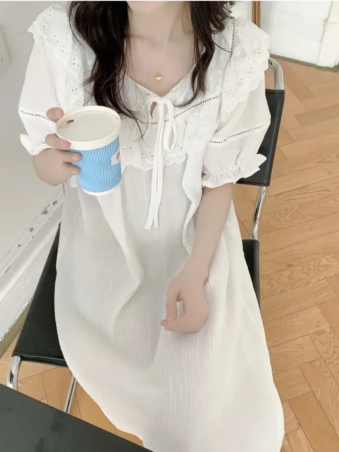 퓨어 화이트 반팔 원피스잠옷 임산부 빅사이즈 홈웨어 파자마 여름 이미지 7