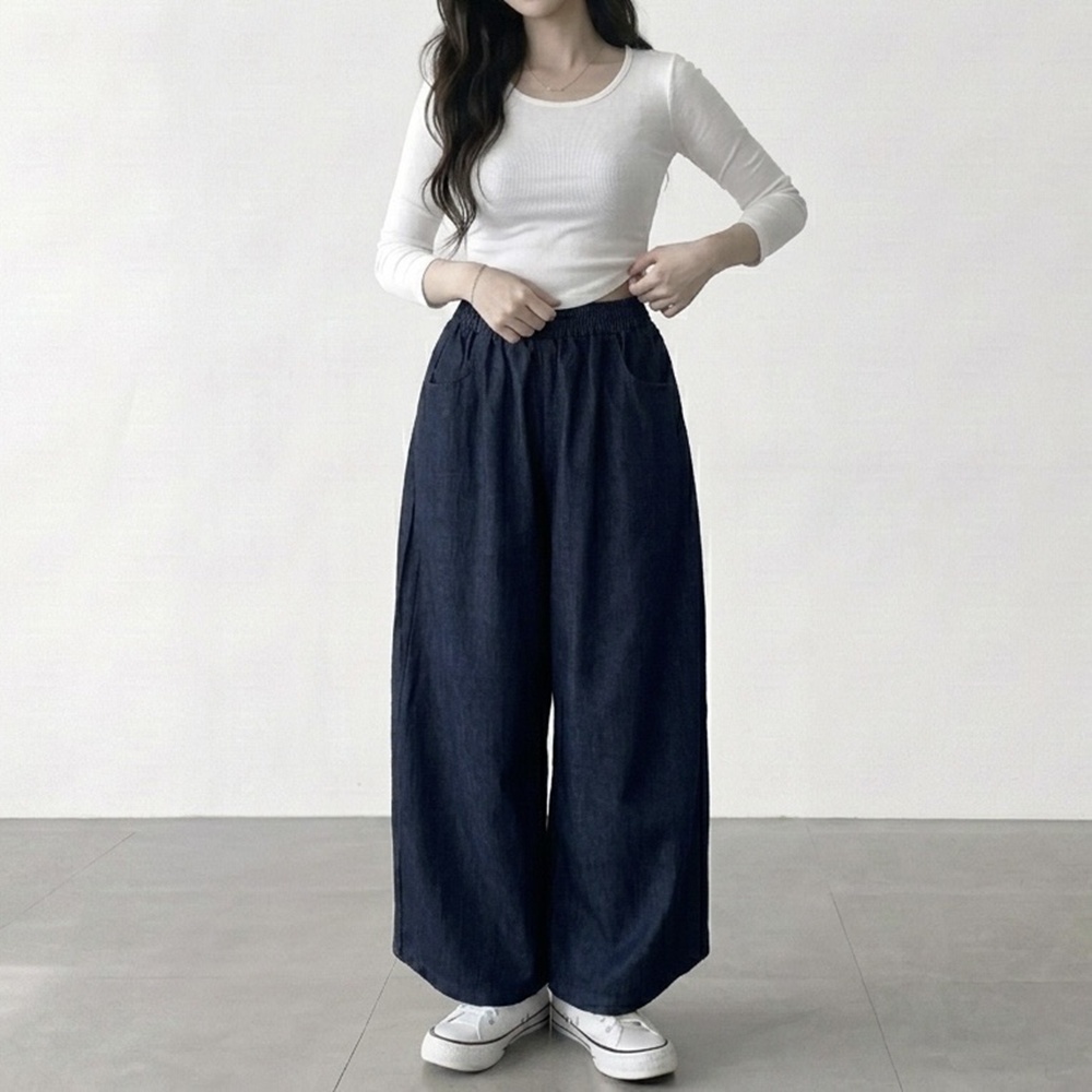 키작녀 커브드 진 배기 통 배럴 핏 고무줄 통 밴딩 얇은 청바지 이미지 4