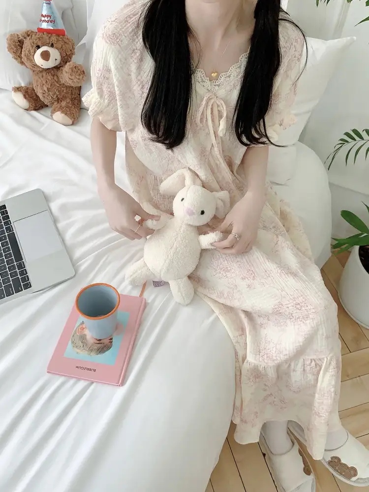 트왈 요루면 반팔 원피스잠옷 임산부 빅사이즈 레이스 홈웨어 파자마 여름 이미지 6