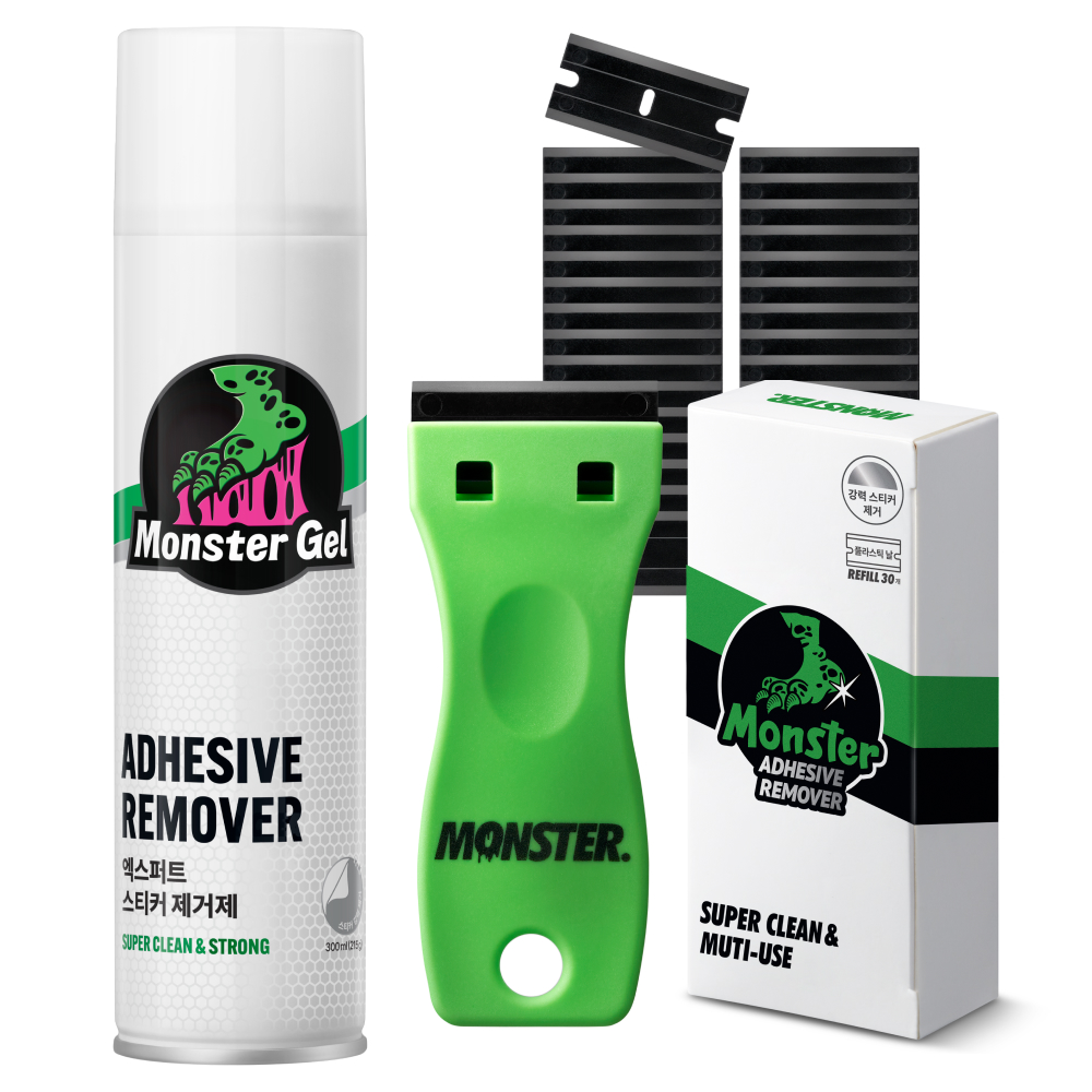 몬스터 겔 엑스퍼트 스티커 타르 자국 제거 2종 세트 (스티커 제거제 300ml+스크래퍼+교체형 칼날 30p) - 상품 이미지