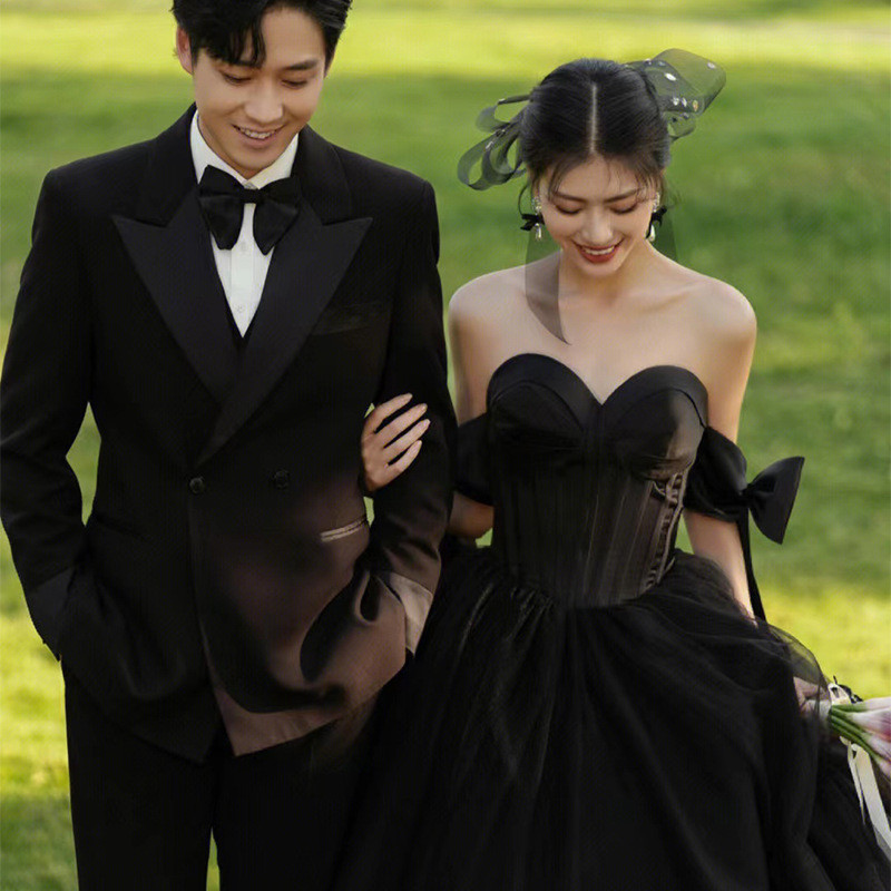 리본 블랙드레스 웨딩촬영 2부 드레스 오픈숄더 셀프웨딩 이브닝 스냅촬영 의상 - 상세 이미지 2