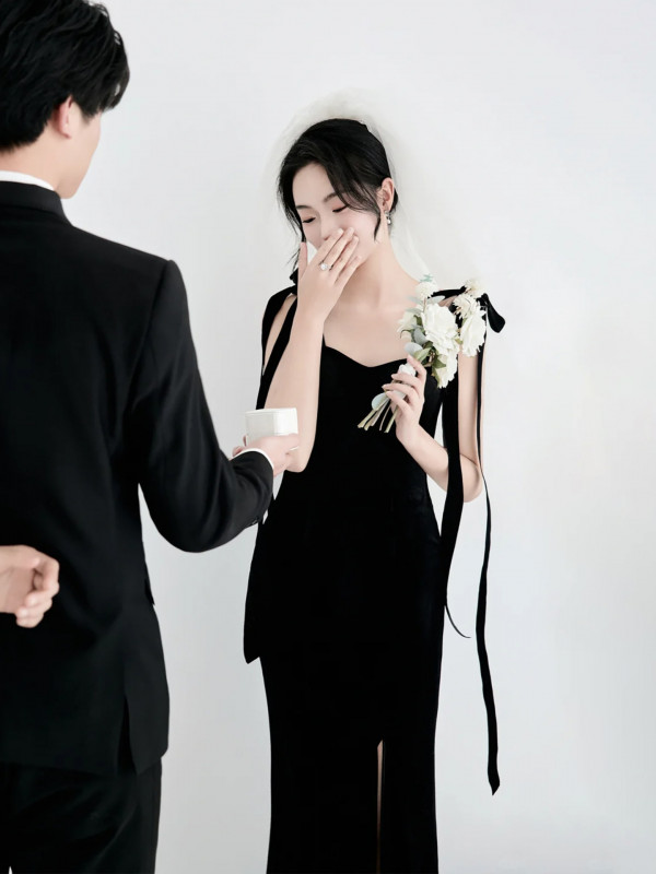 블랙드레스 리본 실크 웨딩촬영 2부 드레스 셀프웨딩 이브닝 스냅촬영 의상 - 상세 이미지 4