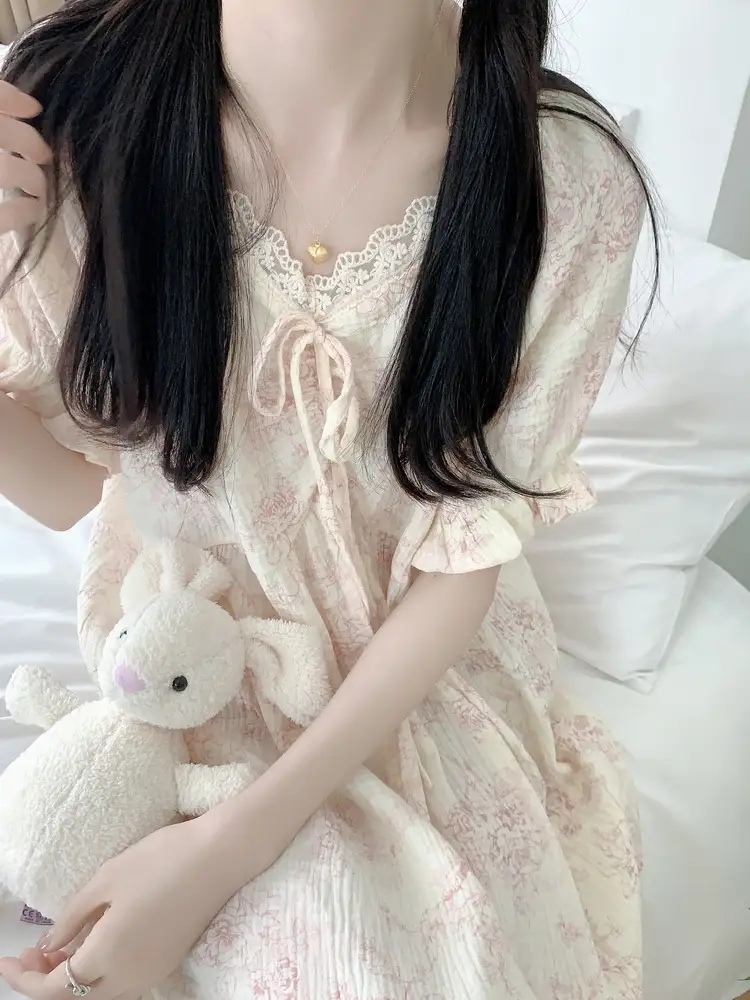 트왈 요루면 반팔 원피스잠옷 임산부 빅사이즈 레이스 홈웨어 파자마 여름 - 상세 이미지 5