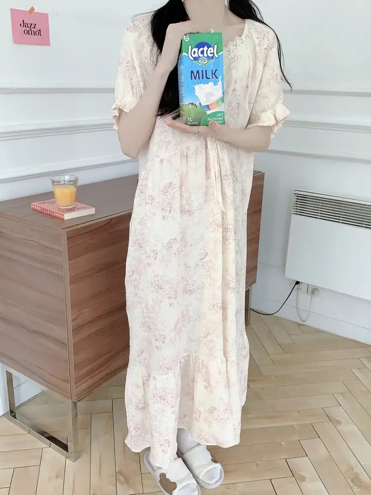 트왈 요루면 반팔 원피스잠옷 임산부 빅사이즈 레이스 홈웨어 파자마 여름 - 상세 이미지 4