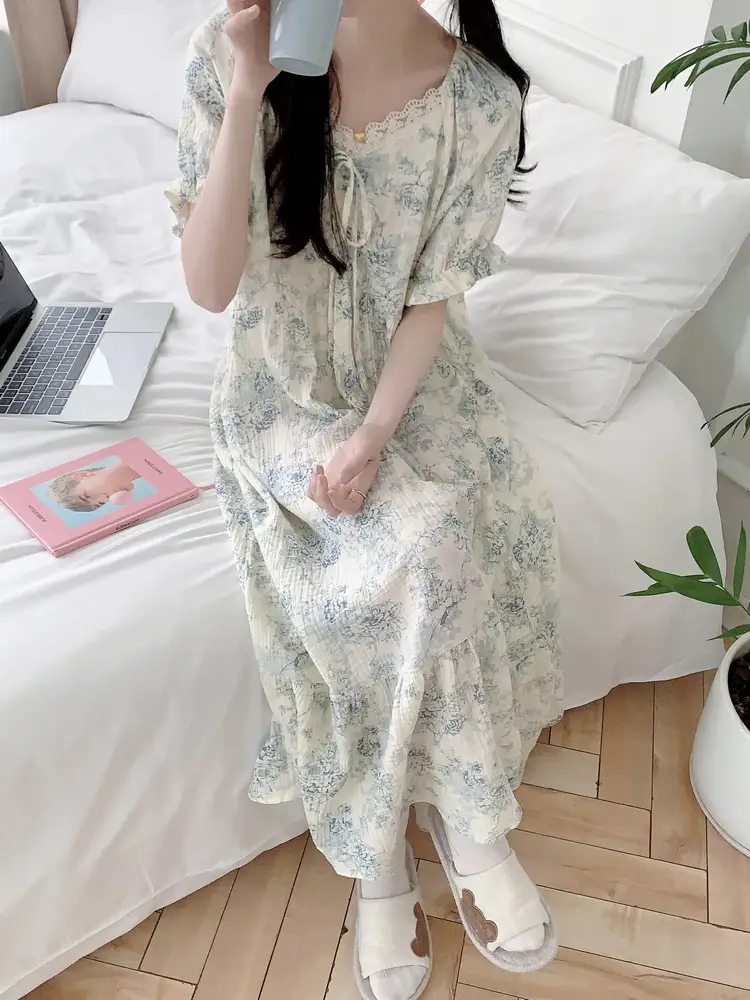 트왈 요루면 반팔 원피스잠옷 임산부 빅사이즈 레이스 홈웨어 파자마 여름 이미지 7