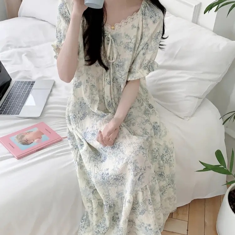트왈 요루면 반팔 원피스잠옷 임산부 빅사이즈 레이스 홈웨어 파자마 여름 - 상품 이미지