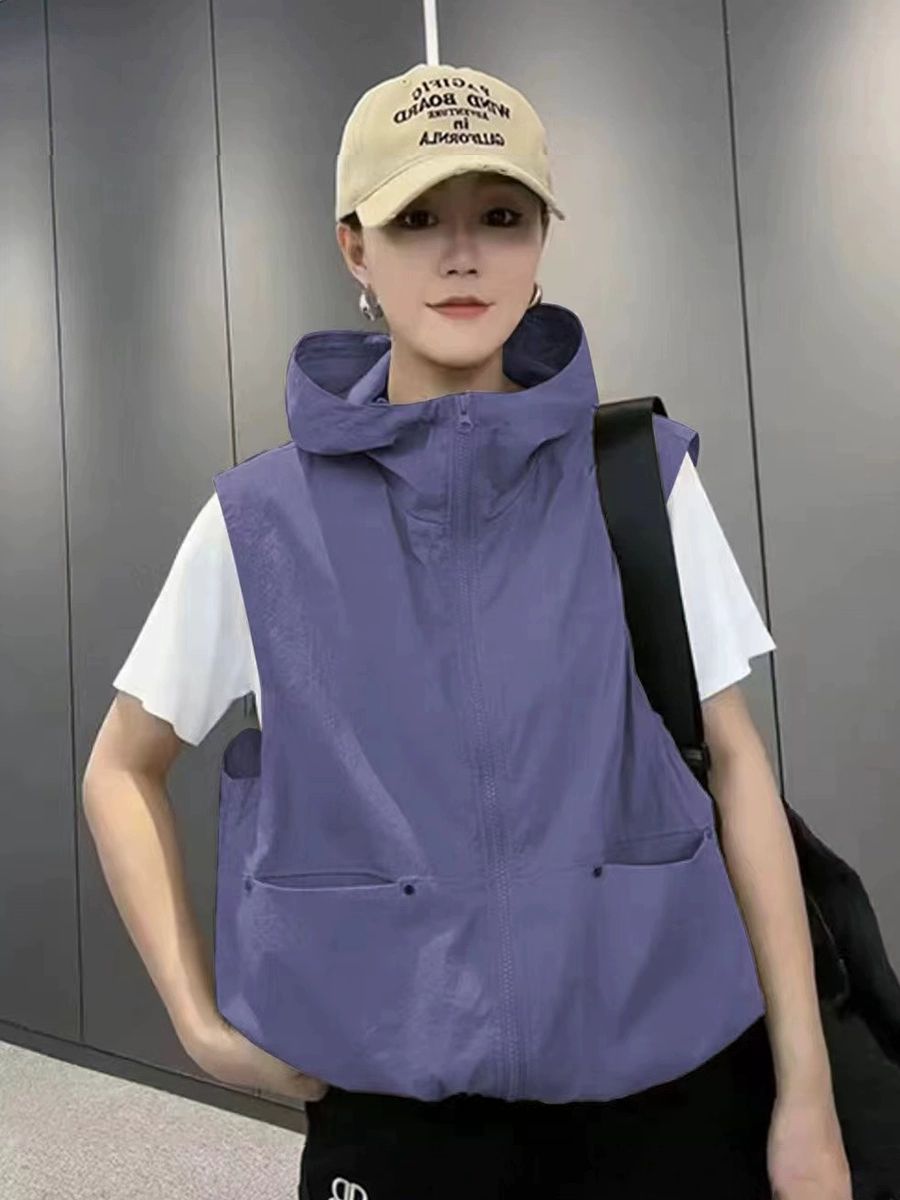 여성 바람막이 조끼 여름 민소매 후드쪼끼 집업스타일 경량 등산 방풍 간절기 고급형 - 상세 이미지 5