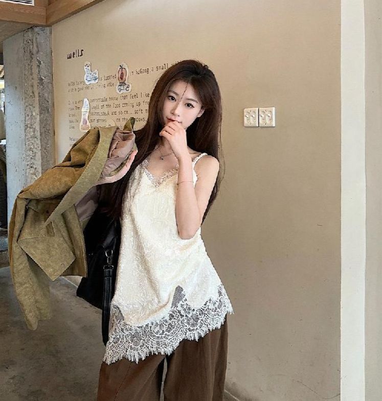 밑단레이스나시 롱 뷔스티에 이너티 프릴 힙커버 시스루 레이어드 여리여리 민소매 티셔츠 멜빵 5XL  87.5 - 100kg 권장 - 상품 이미지