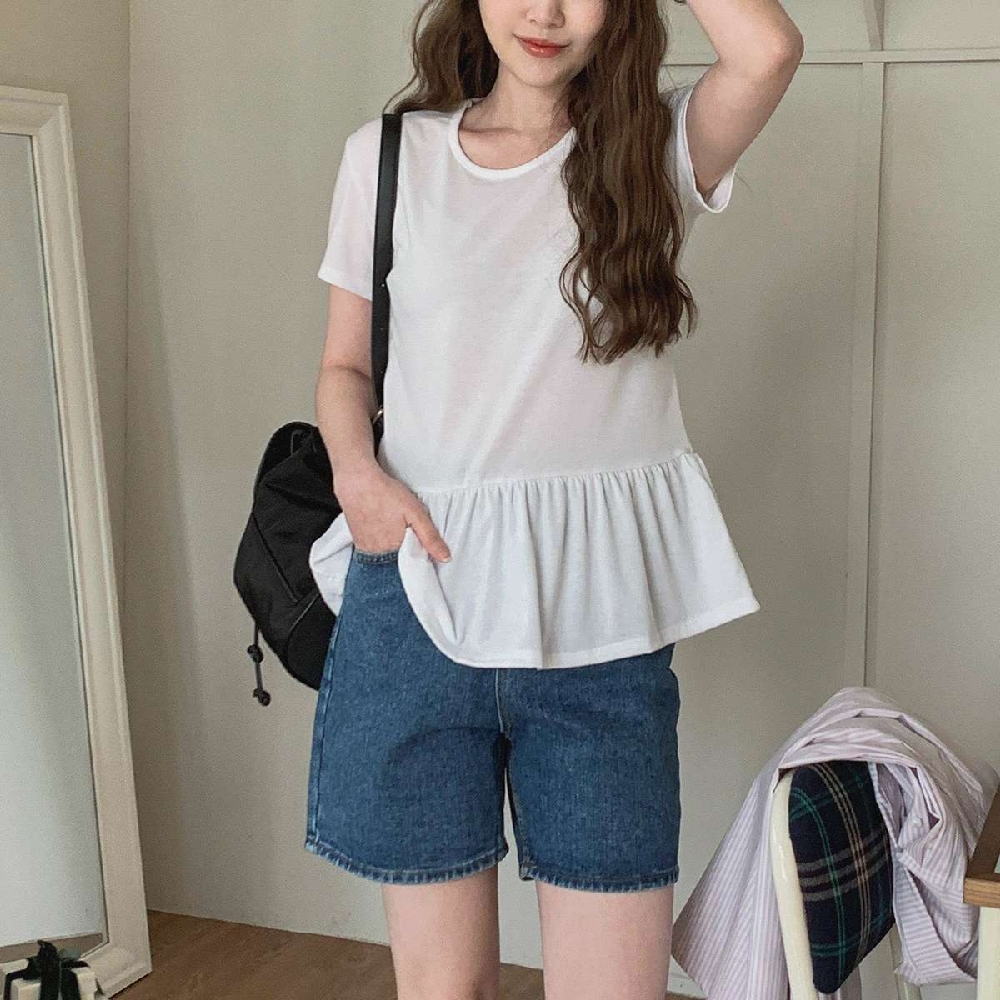 여성반팔티 흰티 이너티 레이어드티셔츠 프릴 셔링 반팔 티셔츠 - 상품 이미지