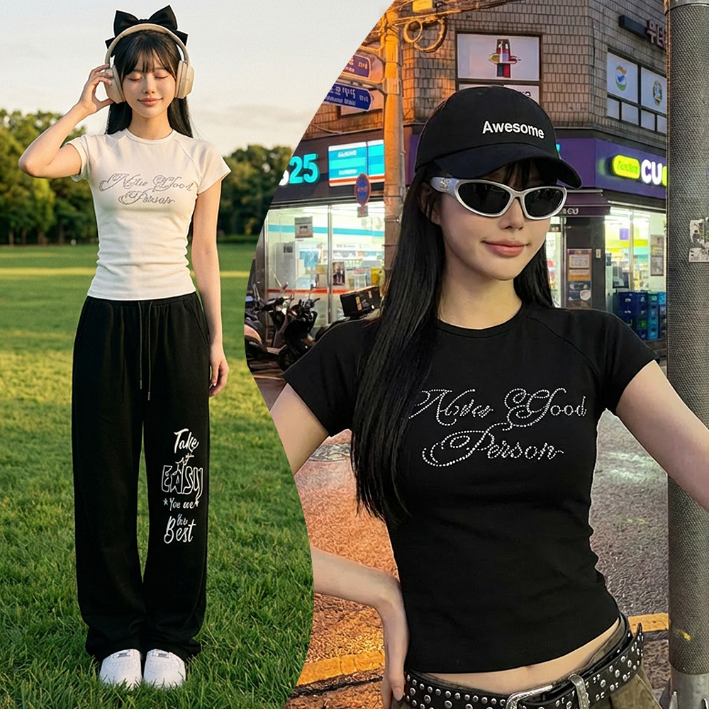 루시 핫픽스티 큐빅 티셔츠 레터링 레글런 나그랑 반팔 - 상품 이미지