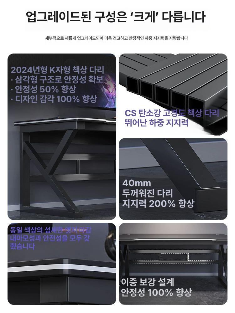 조립식 책상 게이밍 컴퓨터 게임용 선반형 데스크 다용도 40mm 강철 프레임 지린넨 블랙 80cm - 상세 이미지 2