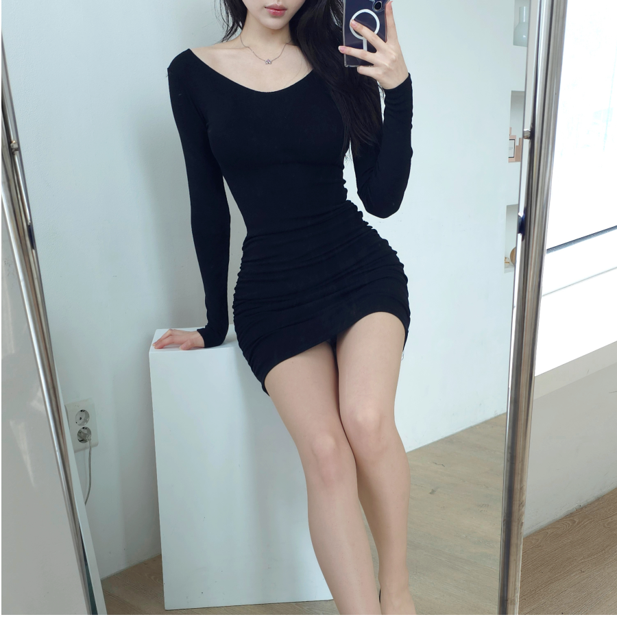 옆셔링 브이넥 슬림 긴팔 미니원피스 바디컨 착붙 쫀쫀 스판 국내제작 봄 여름 3컬러 - 상품 이미지