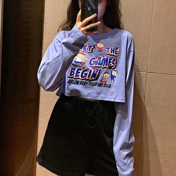 루즈핏 여성 크롭 티셔츠 라운드 여성 긴 팔 티셔츠 캐주얼 캐릭터 데일리 가을 넥 - 상품 이미지