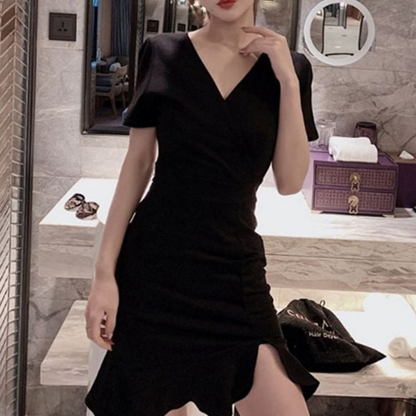 데일리 원피스 캐주얼 여성 프릴 원피스 루즈핏 여름 이브닝 여자미니 랩 옆트임 브이넥 반팔 - 상품 이미지