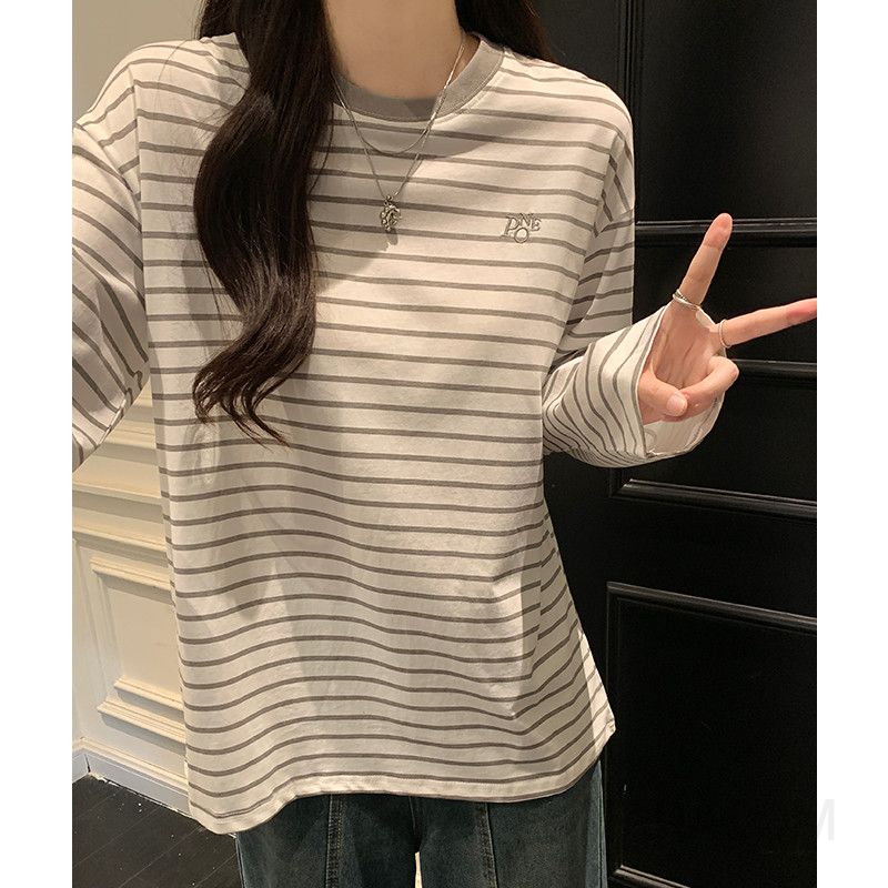 여성 캐주얼 오버핏 면 스트라이프 레터링 긴팔 티셔츠 루즈핏 드롭숄더 라운드넥 데일리룩 - 상세 이미지 4
