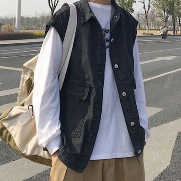 데일리 남성 데님 조끼 루즈핏 청조끼 레이어드 워싱 자켓 캐주얼 베스트 봄 청 - 상품 이미지