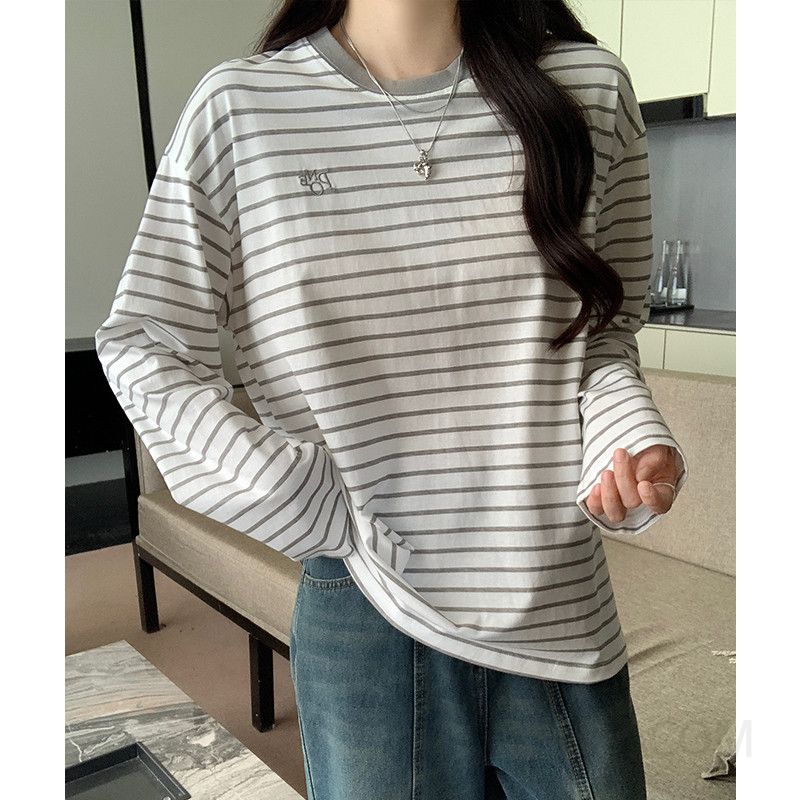 여성 캐주얼 오버핏 면 스트라이프 레터링 긴팔 티셔츠 루즈핏 드롭숄더 라운드넥 데일리룩 - 상세 이미지 3
