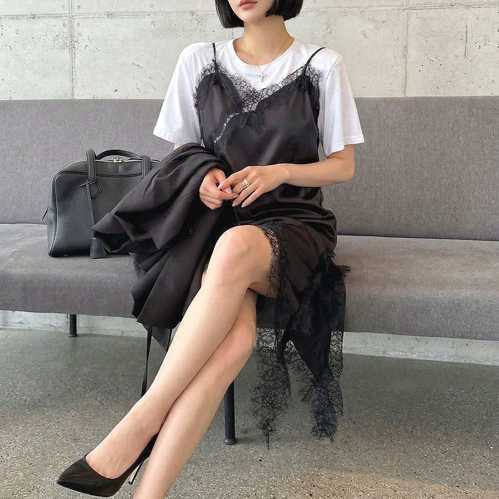 르안 새틴원피스 레이스 나시 레이어드 하객룩 뷔스티에 휴양지 봄 슬립 원피스 - 상품 이미지