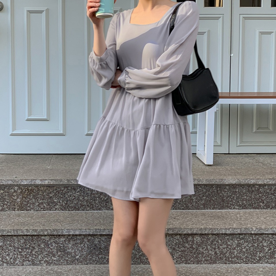 쉬폰 미니 원피스 스퀘어넥 셔링 스트랩 세트 - 상세 이미지 4