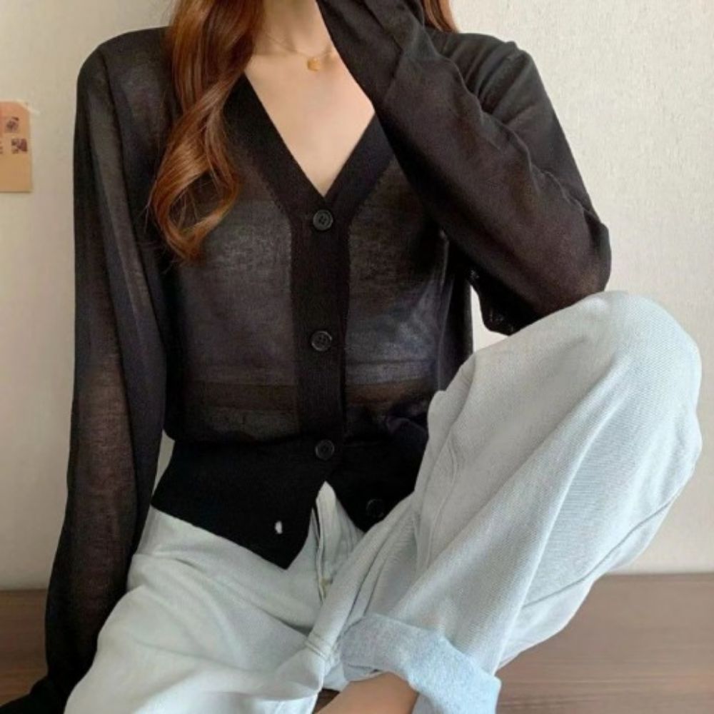 연핑크가디건 시스루가디건 무지 여름긴팔 가벼운 핑크색 - 상세 이미지 2