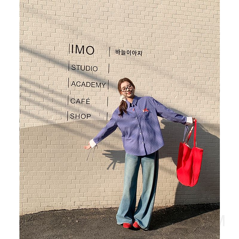 여성 캐주얼 데일리 체크 면 배색 소매 리본 루즈핏 롱슬리브 남방 블라우스 셔츠 단추 카라 포켓 - 상세 이미지 5
