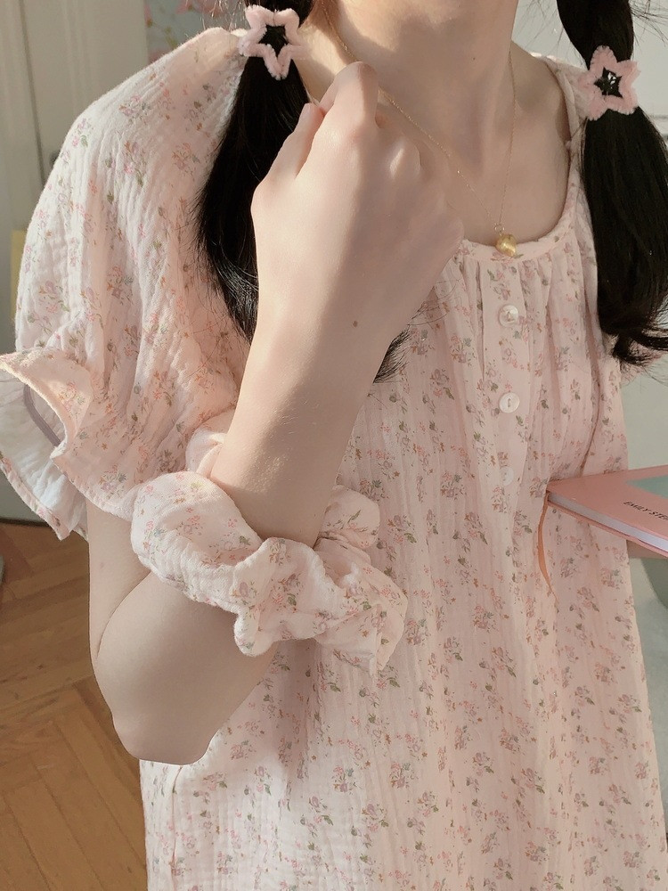 여름 반팔원피스잠옷 빅사이즈 플라워 요루 거즈면 수유 홈웨어 파자마 - 상세 이미지 4