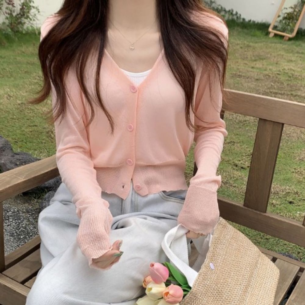 연핑크가디건 시스루가디건 무지 여름긴팔 가벼운 핑크색 이미지 8