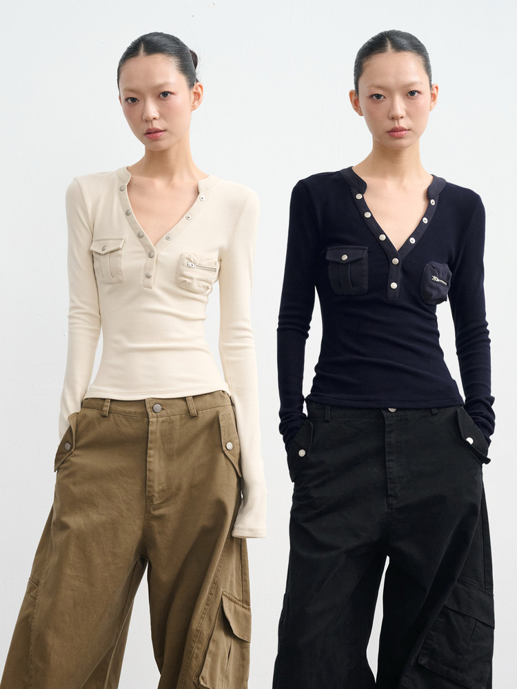 LINY LIBERTY 브이넥 반팔 티셔츠 슬림 레이어드 헨리넥 롱슬리브 여성티셔츠 이미지 6