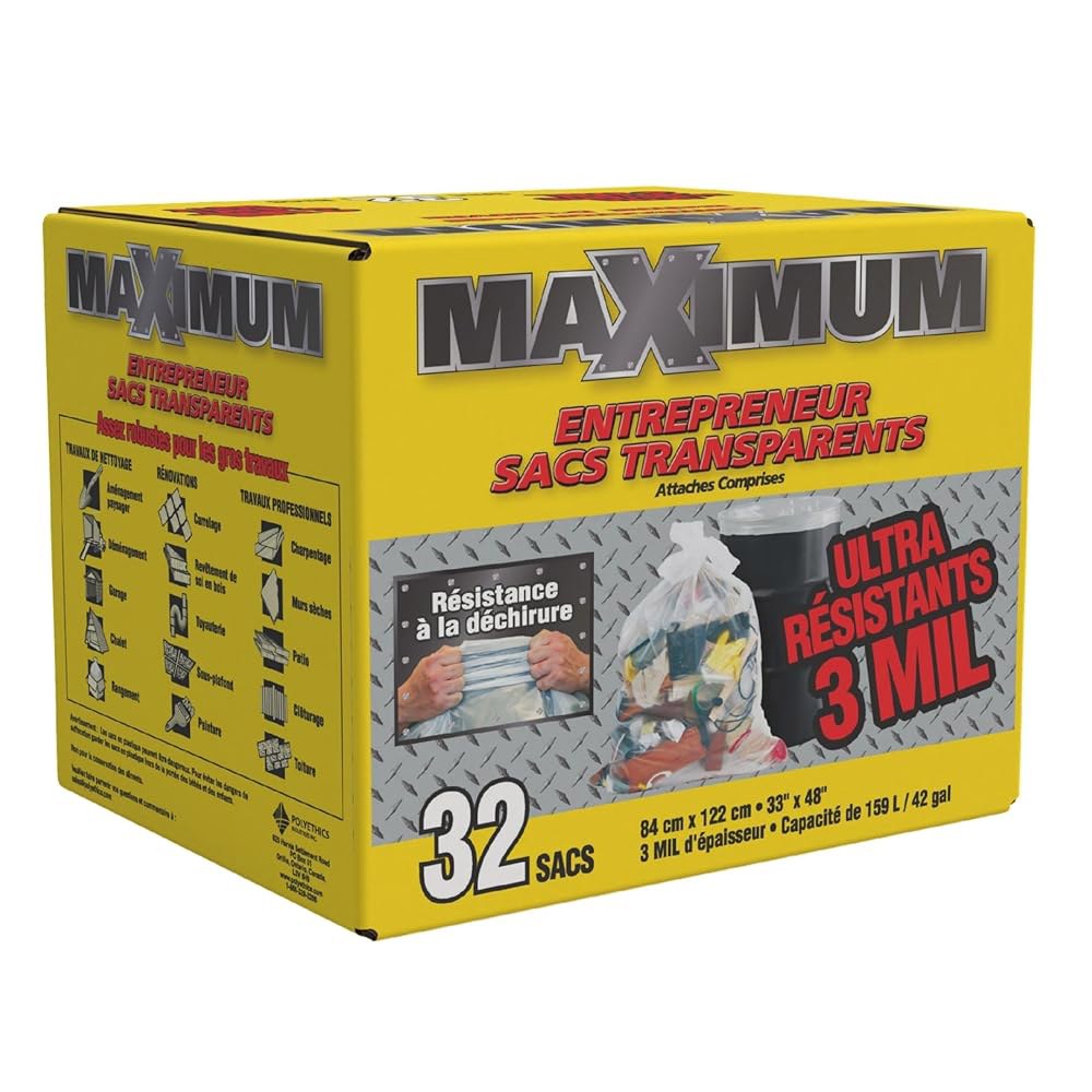 Maximum 컨트랙터 쓰레기 봉투 - 3mm 엑스트라 방지 찢어짐 헤비 산업용 투명 32개 캐나다산 강도 듀티 라지 Black - 상세 이미지 3