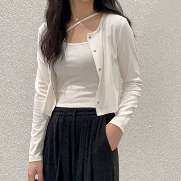 얇은 여성 크롭 가디건 베이직 크롭 가디건 데일리 라운드 세트 나시 끈 혼방 면 폴리 여름 - 상품 이미지