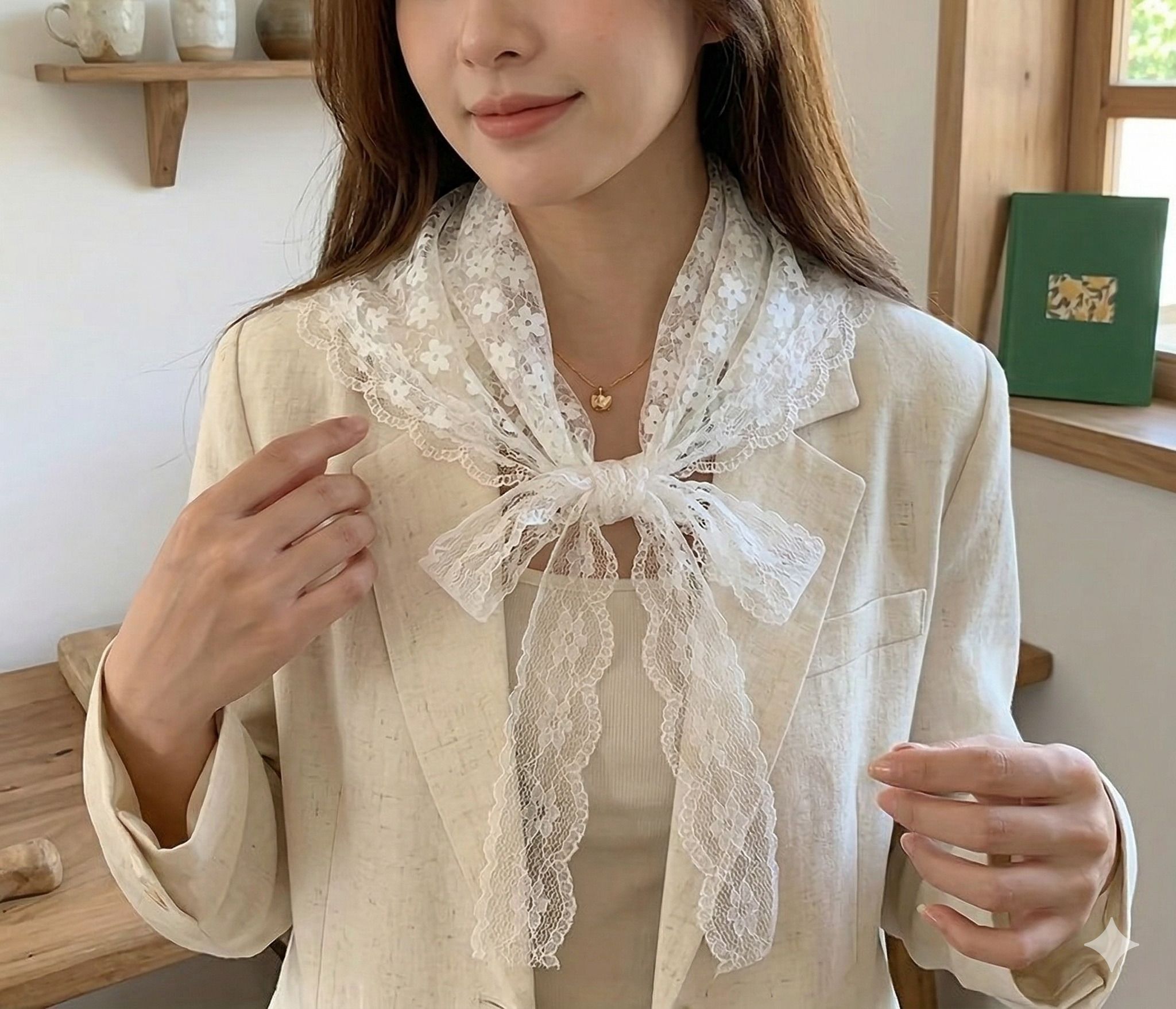 레이스 플라워 커치프 삼각 두건 망사 시스루 스카프 헤어 반다나 보넷 헤어커치프 웨딩촬영 이미지 3