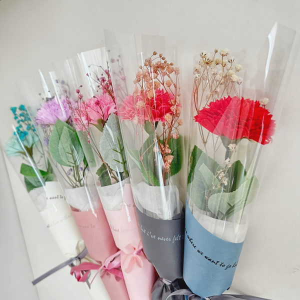 어버이날 카네이션 꽃 한송이 레드 + 프리저브드 안개 비누꽃 포장 단체 행사용 꽃다발 선물 - 상품 이미지