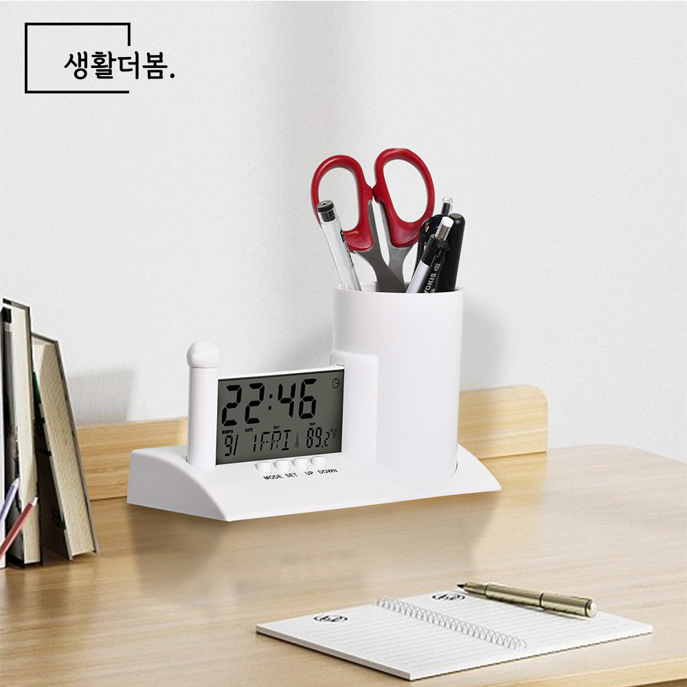 생활더봄 LCD 디지털 온습도 스탠드 펜꽂이 탁상 알람 시계 탁상용 온습도계 펜홀더 - 상품 이미지