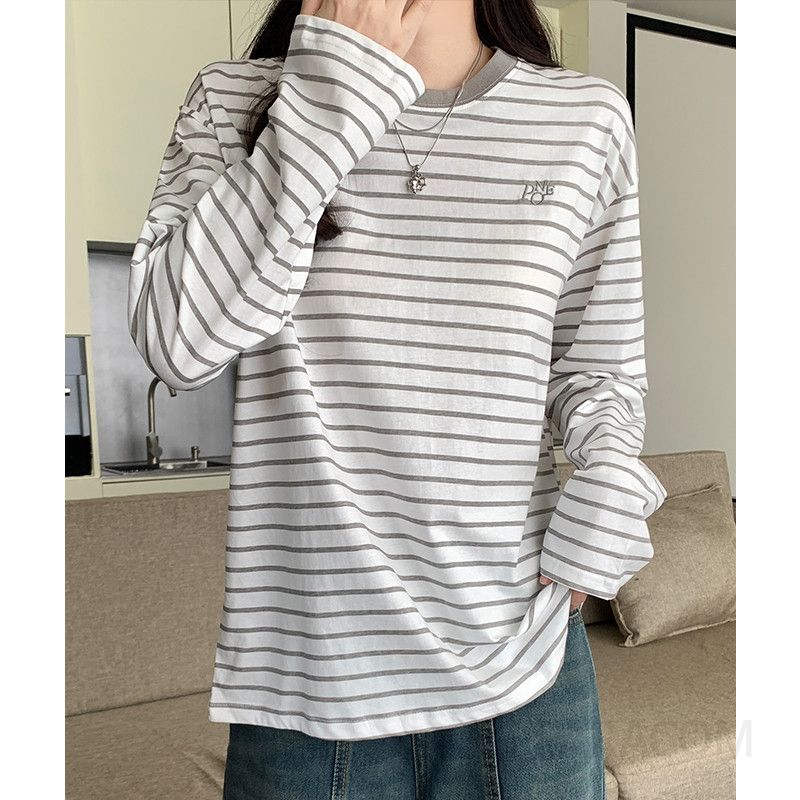 여성 캐주얼 오버핏 면 스트라이프 레터링 긴팔 티셔츠 루즈핏 드롭숄더 라운드넥 데일리룩 - 상품 이미지