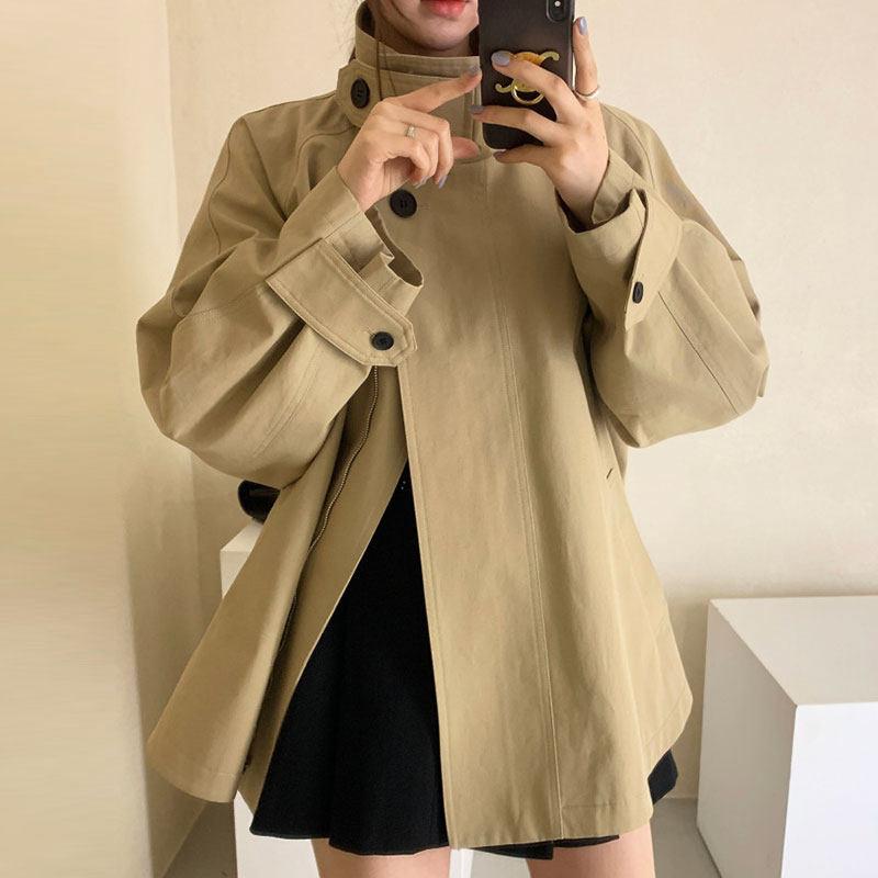 여성 하이넥 트렌치 코트 간절기 루즈핏 싱글 케이프 플레어 자켓 아우터 - 상세 이미지 3