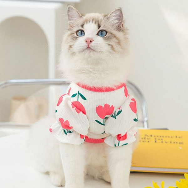 반려동물 강아지 여름 옷 튤립티 강아지 티셔츠 꽃무늬 실내복 반팔 고양이 와플 퍼프 - 상품 이미지