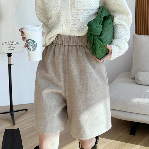 하이 여성 모직 반바지 루즈핏 여성 밴딩 반바지 와이드 쇼츠 - 상품 이미지