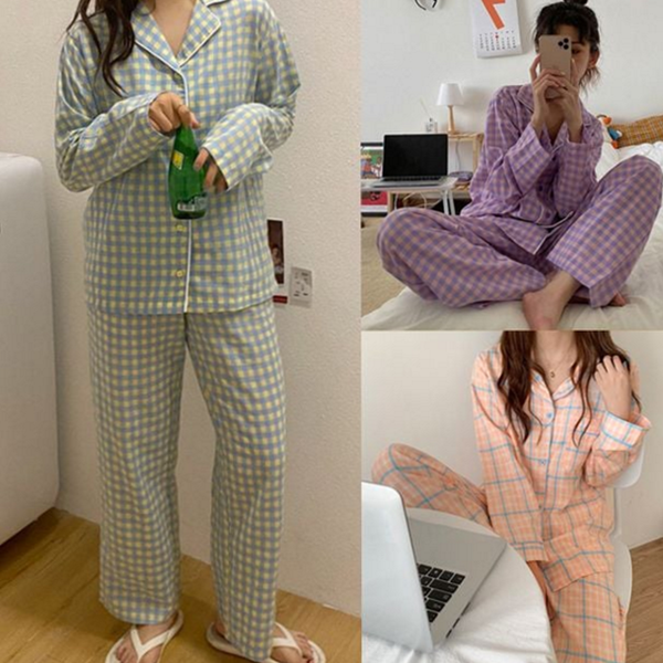 여름 체크 파자마 투피스 여성 잠옷 가을 웨어 바지 세트 긴 팔 봄 - 상품 이미지