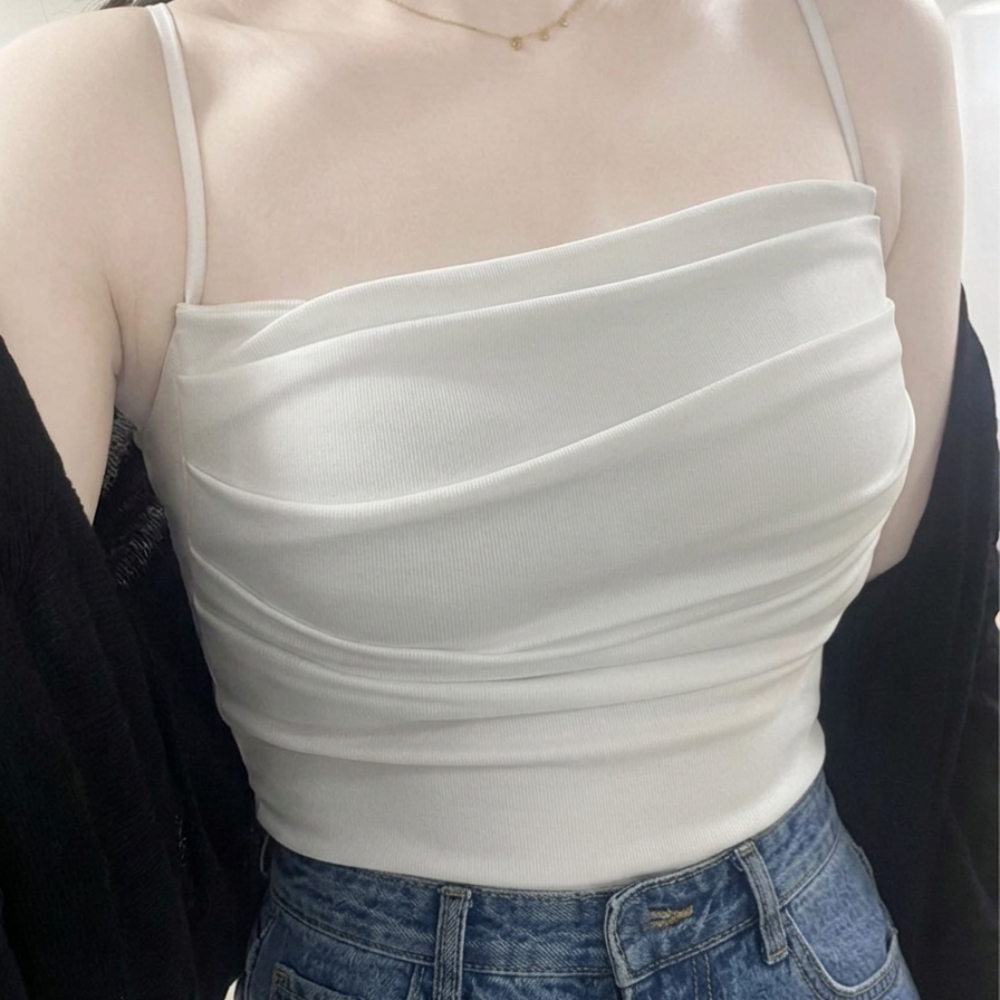 여신 셔링 날씬해 보이는 러닝 나시 민소매 티셔츠 브라탑 내장 (화이트) 끈나시 런닝 - 상품 이미지