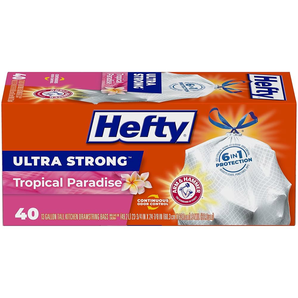 Hefty 울트라 스트롱 톨 주방 쓰레기 봉투, 파라다이스 40개 49.2L(13갤런), 트로피컬 향, - 상품 이미지