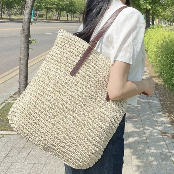 빅사이즈 여성 왕골 가방 직조 여름 숄더백 데일리 바캉스 밀짚 라탄 백 버클 핸드백 쇼퍼 - 상품 이미지