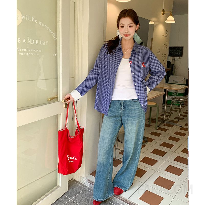 여성 캐주얼 데일리 체크 면 배색 소매 리본 루즈핏 롱슬리브 남방 블라우스 셔츠 단추 카라 포켓 - 상세 이미지 3