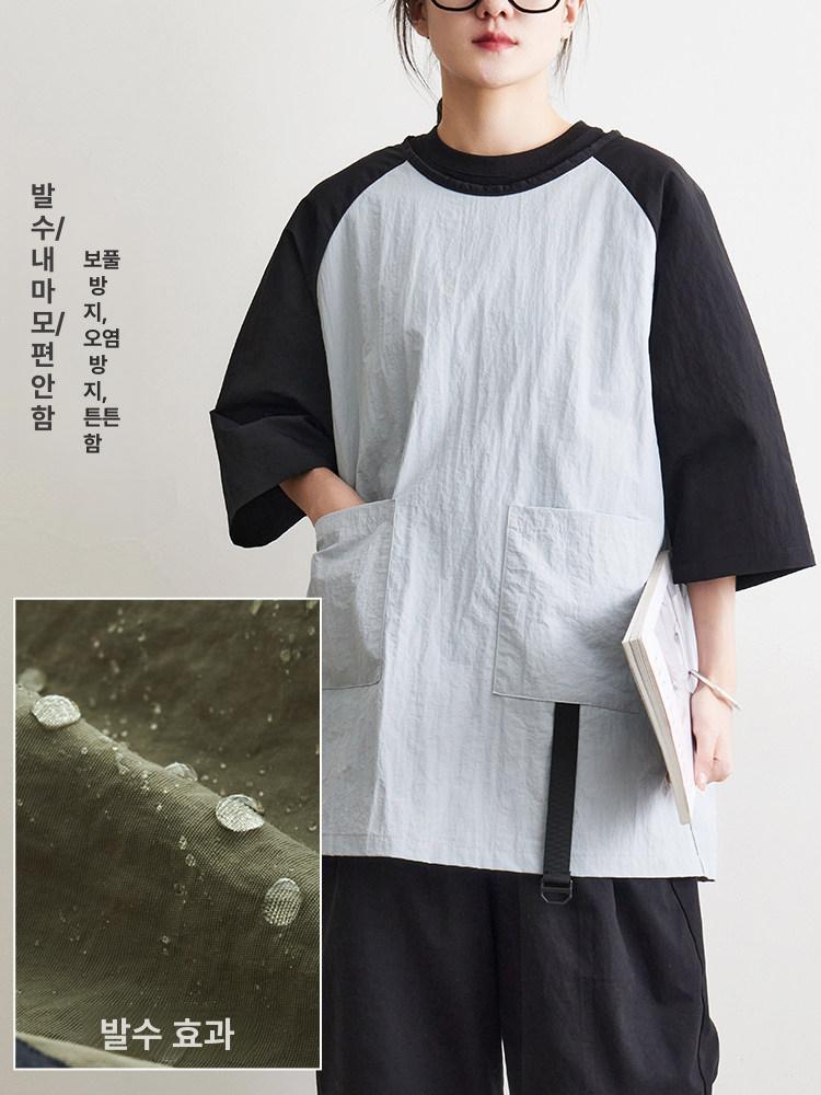 티셔츠형 앞치마 주머니 공방 미용 작업 발수천 미술 taslon 얕은 블루그레이 - 상세 이미지 3